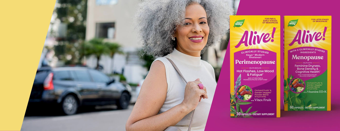 An active woman with Alive Perimenopause and Alive Menopause products