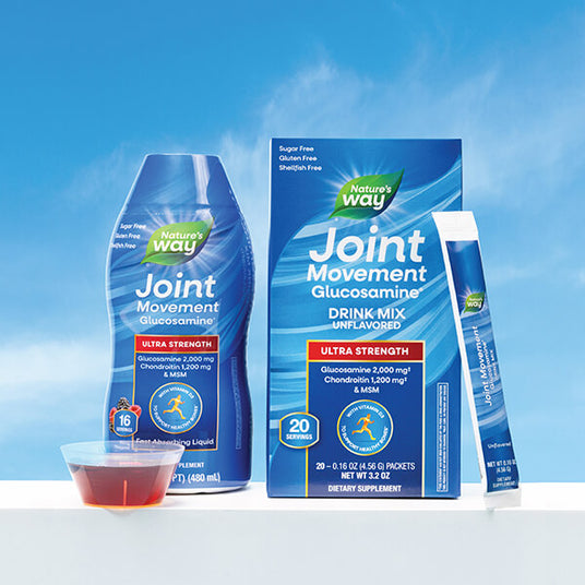 Nature's Way Joint Movement Glucosamine products on a blue background