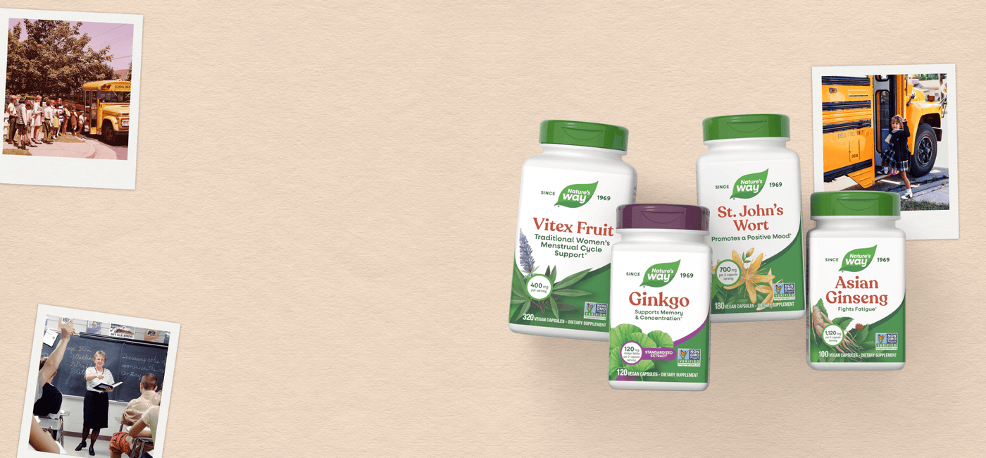 Supplement bottles on a beige background with school-related images.