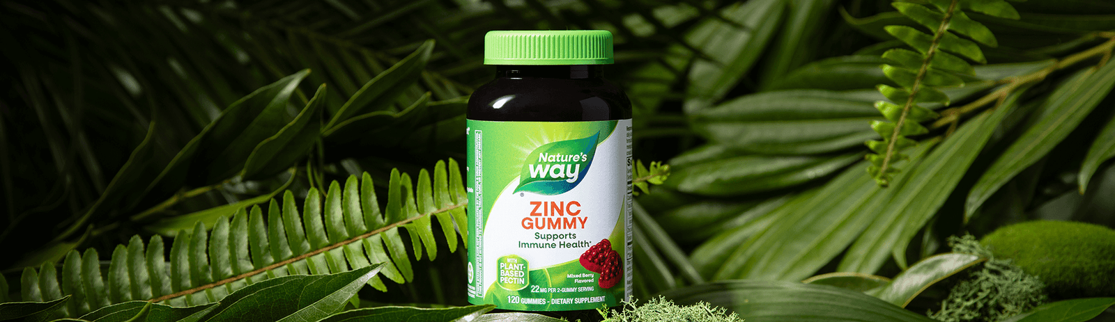 Nature's Way zinc gummy on leafy background