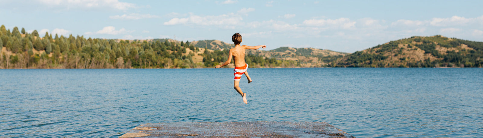 Kid jumping off a dock into a lake.