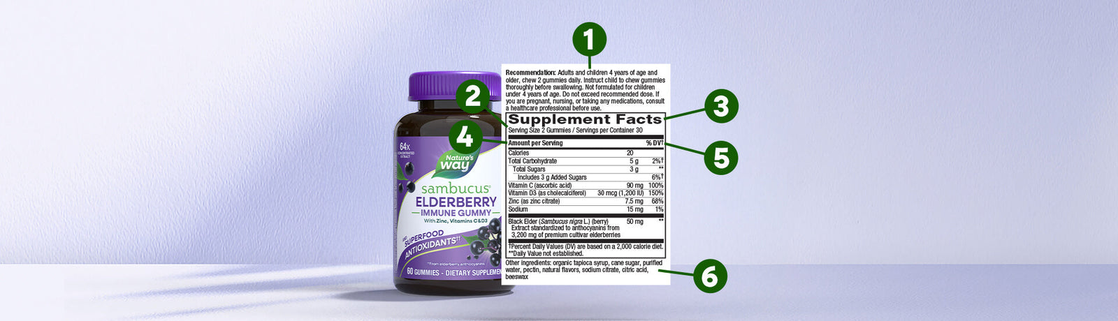 The supplement facts section on label. Sambucus Immune Gummy.