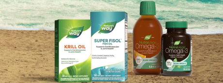 fish oil omega 3 products on beachy background