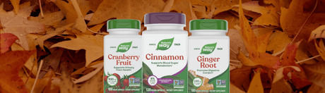 Cranberry, Cinnamon, and Ginger herbal supplements on fall leaf background