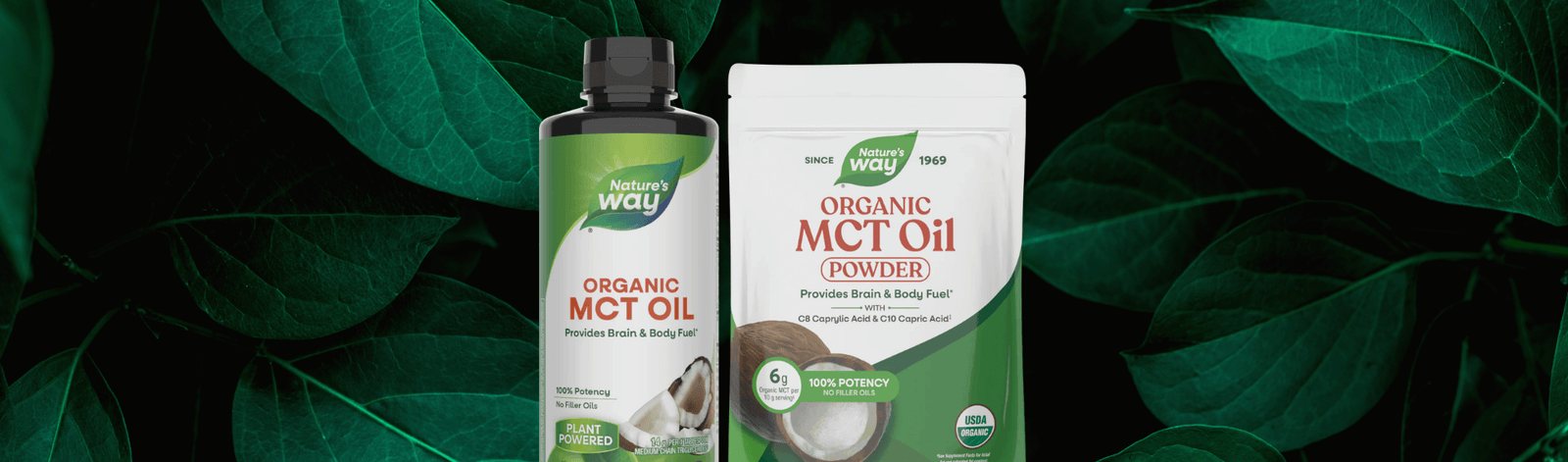mct oil products on leafy background