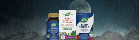 sleep support supplements on a spooky graveyard background