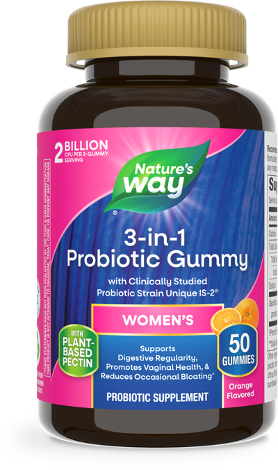 <{%PRIMARY_14719E%}>Nature's Way® | 3-in-1 Probiotic Women's Gummy, 50 gummies, Orange