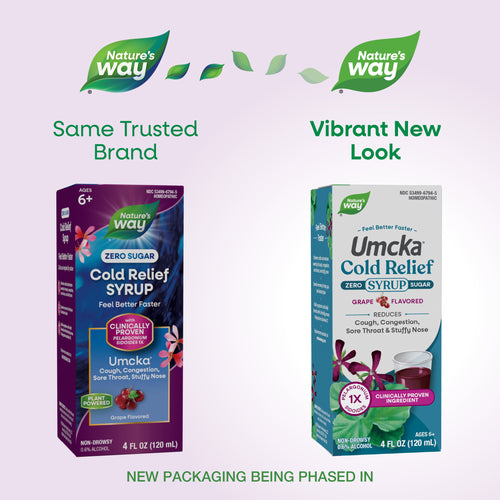 Nature's Way® | Umcka Zero Sugar Cold Relief Syrup - package updates old to new Sku:15794