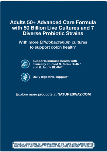 Nature's Way® | Fortify Optima Adult 50+ 50 Billion Probiotic - back of pack Sku:10762