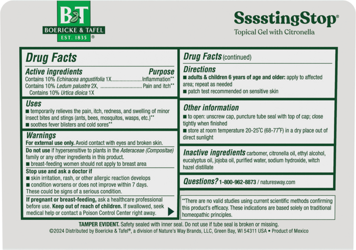 Nature's Way® | Boericke & Tafel Ssssting Stop Gel - back of pack Sku:21825390