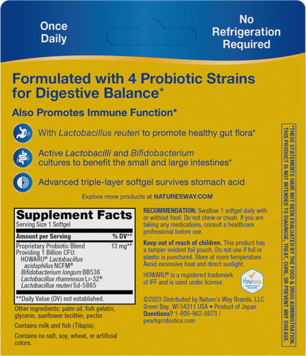 Nature's Way® | Primadophilus Reuteri Pearls Probiotics - back of pack Sku:15770