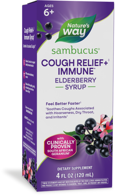 <{%PRIMARY_13673%}>Nature's Way® | Sambucus Cough Relief♢ + Immune* Elderberry Syrup, 4 fl oz (120 ml)