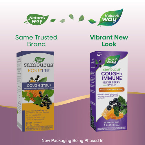 Nature's Way® | Sambucus Cough♢ + Immune* Elderberry Syrup - package updates old to new Sku:13313