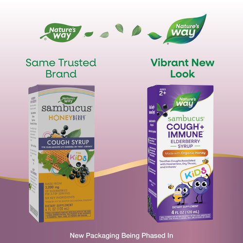 Nature's Way® | Sambucus Kids Cough♢ + Immune* Elderberry Syrup - package updates old to new Sku:13315