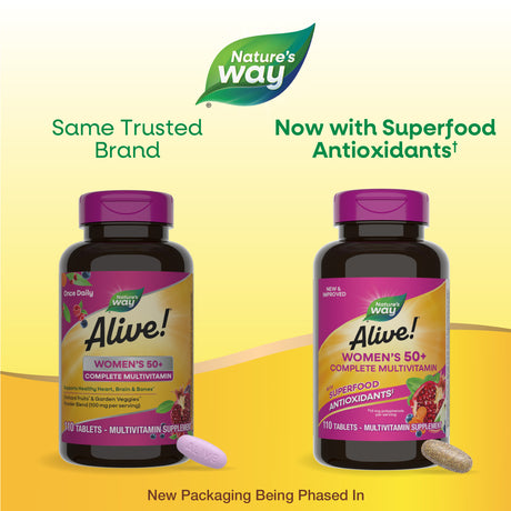 <{%MAIN1_13901%}>Nature's Way® | Alive! Women's 50+ Complete Multivitamin - package updates old to new