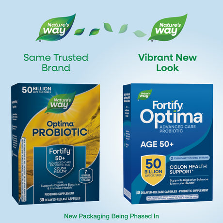 <{%MAIN1_10762%}>Nature's Way® | Fortify Optima Adult 50+ Advanced Care Probiotic - package updates old to new