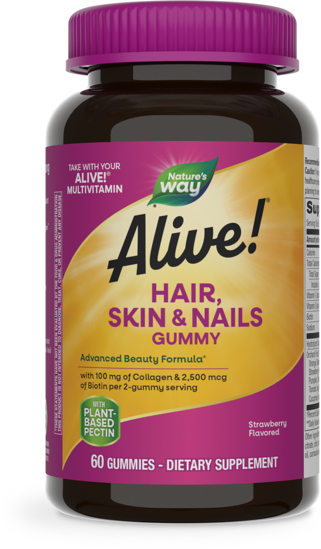 <{%PRIMARY_11534%}>Nature's Way® | Alive! Hair, Skin & Nails Gummies, 60 gummies, Strawberry