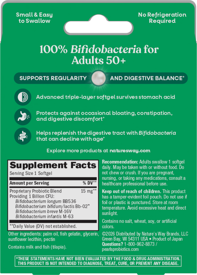 <{%360IMAGE1_10510%}>Nature's Way® | Pearls Adult 50+ Probiotic - back of pack