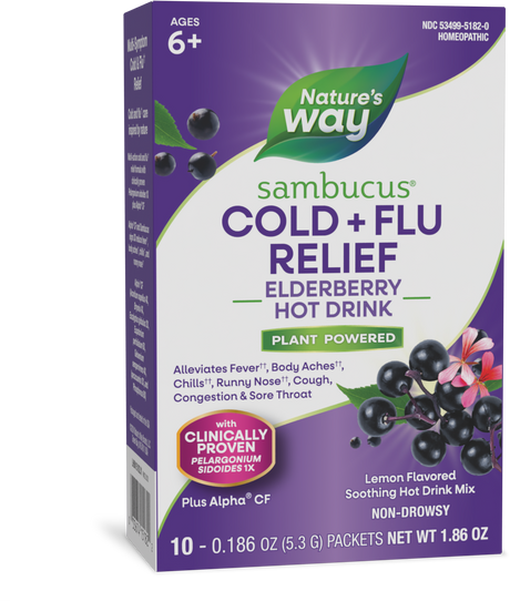 <{%PRIMARY_15182%}>Nature's Way® | Sambucus Cold+Flu Relief Elderberry Hot Drink, 10 drink mixes, Lemon