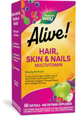 <{%PRIMARY_11094%}>Nature's Way® | Alive! Hair, Skin & Nails Multivitamin, 60 softgels, Strawberry