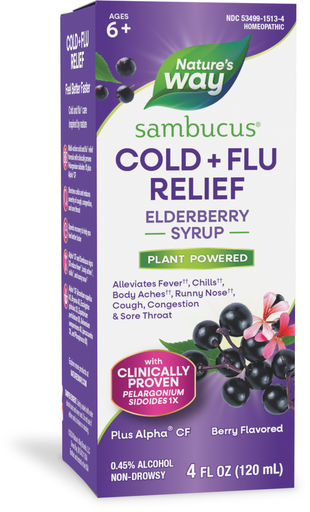 <{%PRIMARY_15136%}>Nature's Way® | Sambucus Cold+Flu Relief Elderberry Syrup, 4 fl oz (120 ml), Elderberry