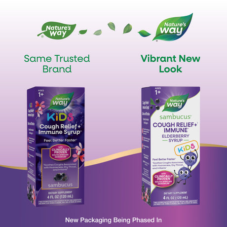 <{%MAIN1_13671%}>Nature's Way® | Sambucus Kids Cough Relief +♢ Immune* Elderberry Syrup - package updates old to new