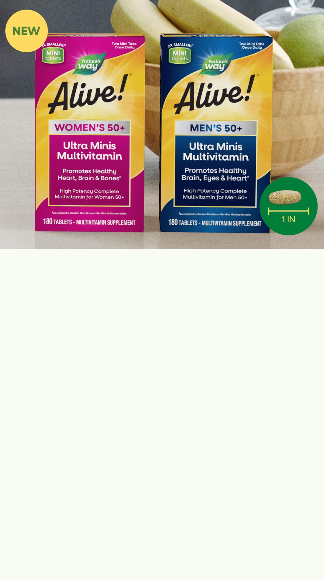 Two boxes of Alive! ultra mini multivitamins for women and men 50+ on a white background