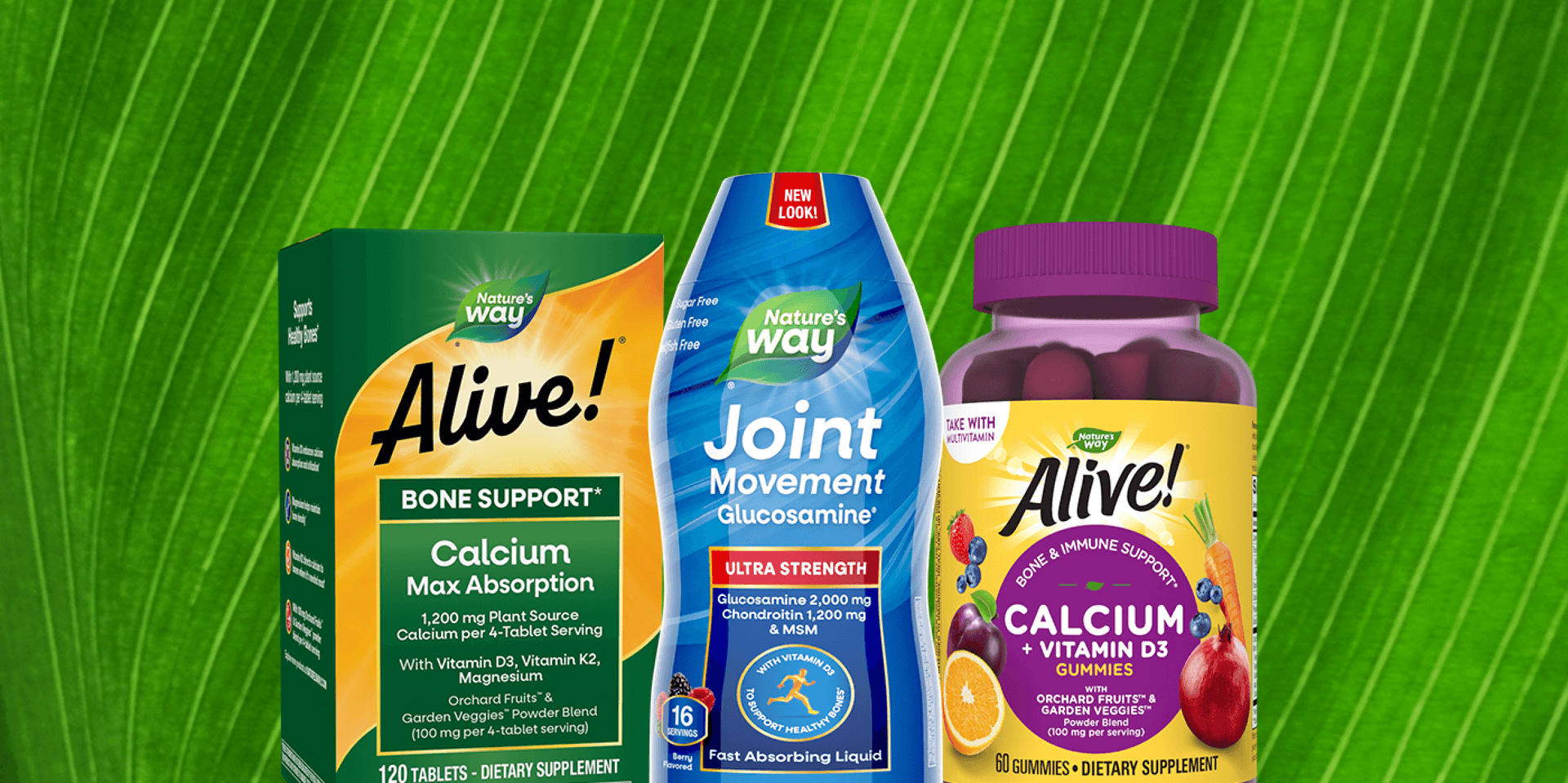 Composite of three Nature's Way products for bone, joint & muscle support* on a green leaf background