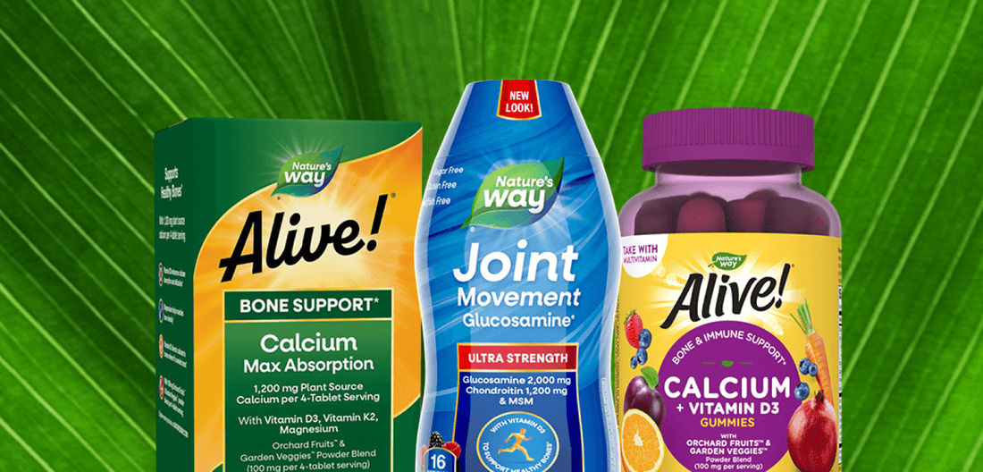 Composite of three Nature's Way products for bone, joint & muscle support* on a green leaf background