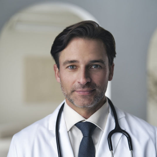 Doctor wearing a white coat with a stethoscope around his neck, standing against a neutral background.