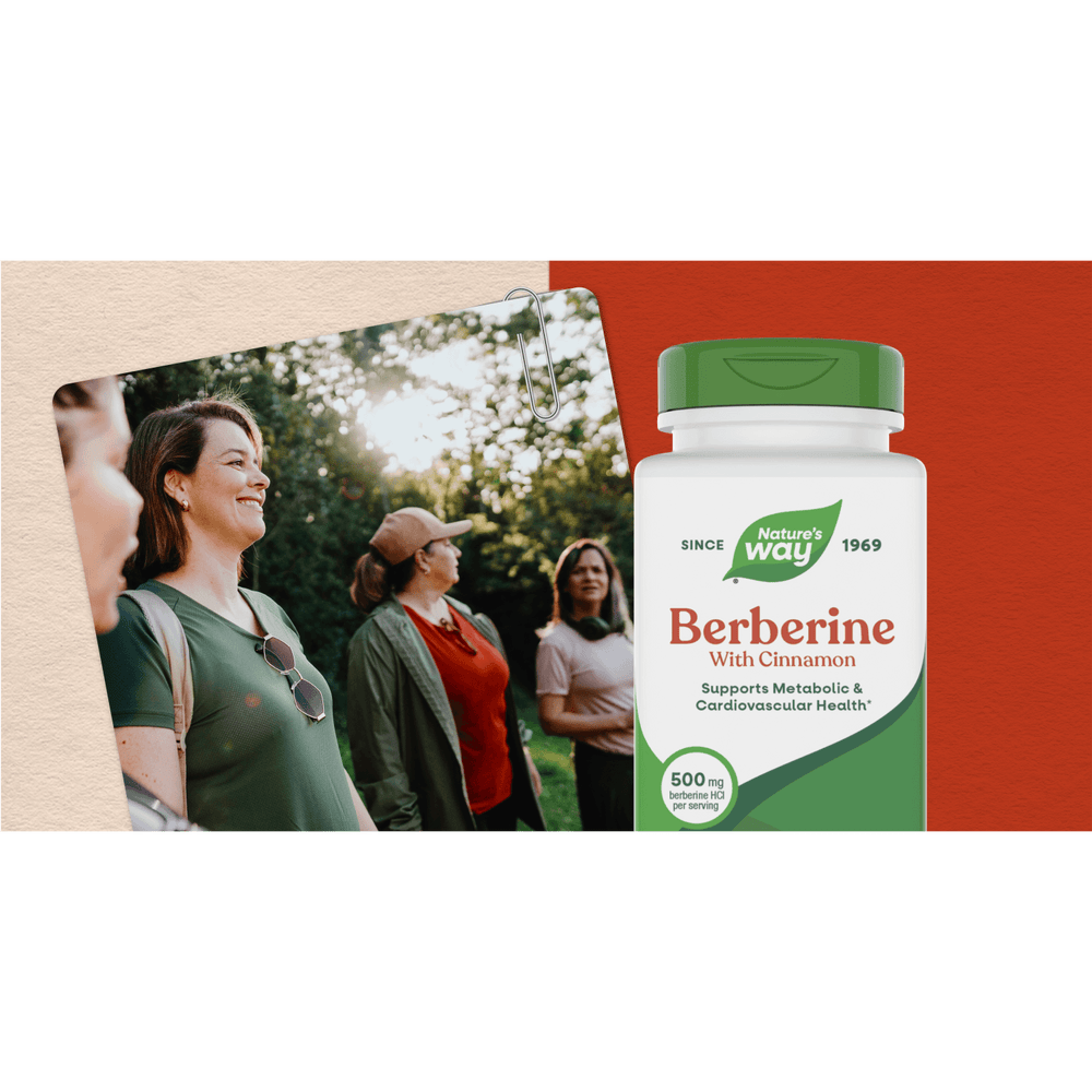 Nature's Way Berberine supplement bottle with a group of people in a park on a beige and red background.