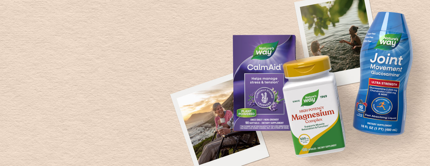 Health and wellness products including CalmAid, Magnesium Complex, and Joint Movement on a beige surface with scenic photos.