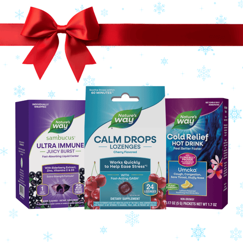 Natures's Way Travel holiday bundle: Ultra Immune Sambucus Juicy Burst, Calm Drops Lozenges, Cold Relief Hot Drink Sku:BUNDLE