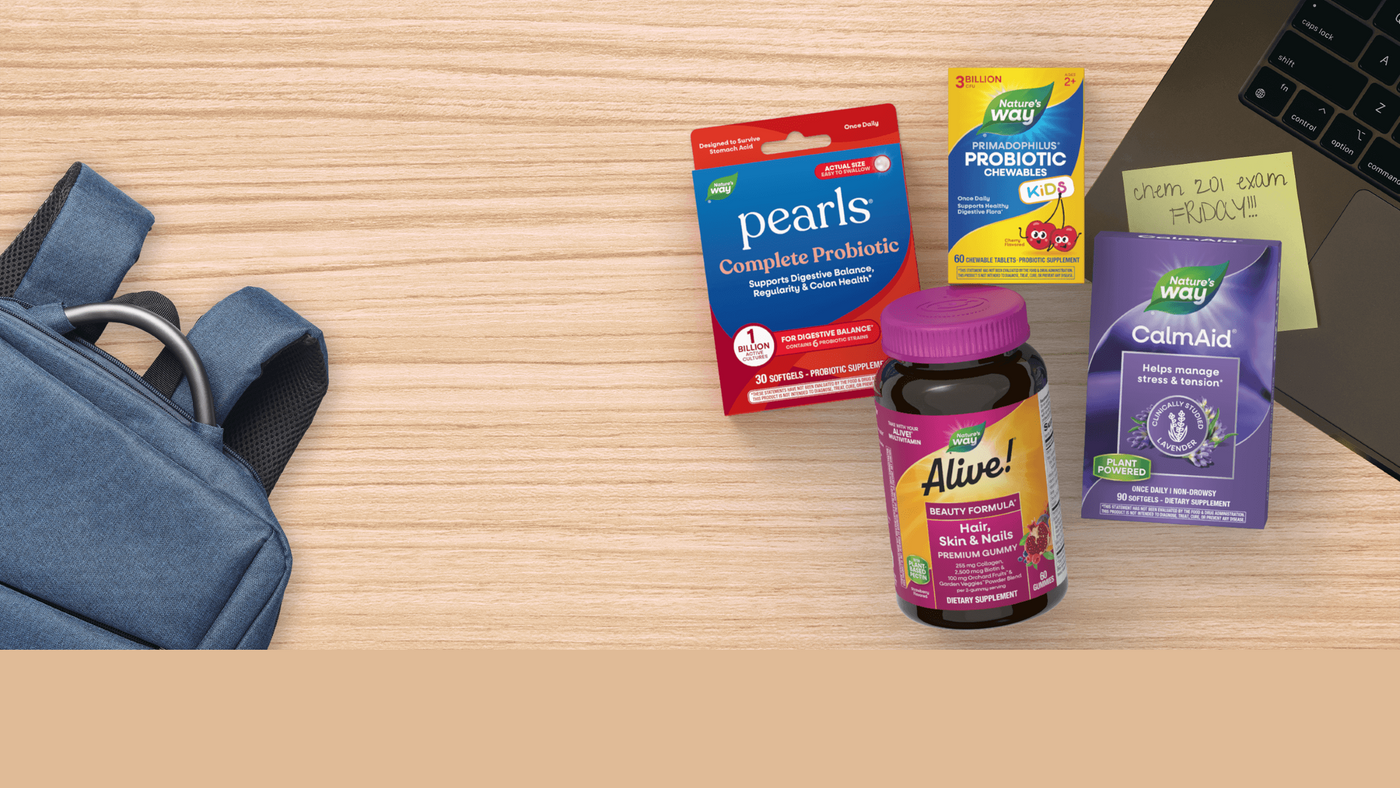 Products on desk: Pearls Complete Probiotics, Alive Hair, Skin, & Nails, Primadophilus Probiotic Kids, Calmaid
