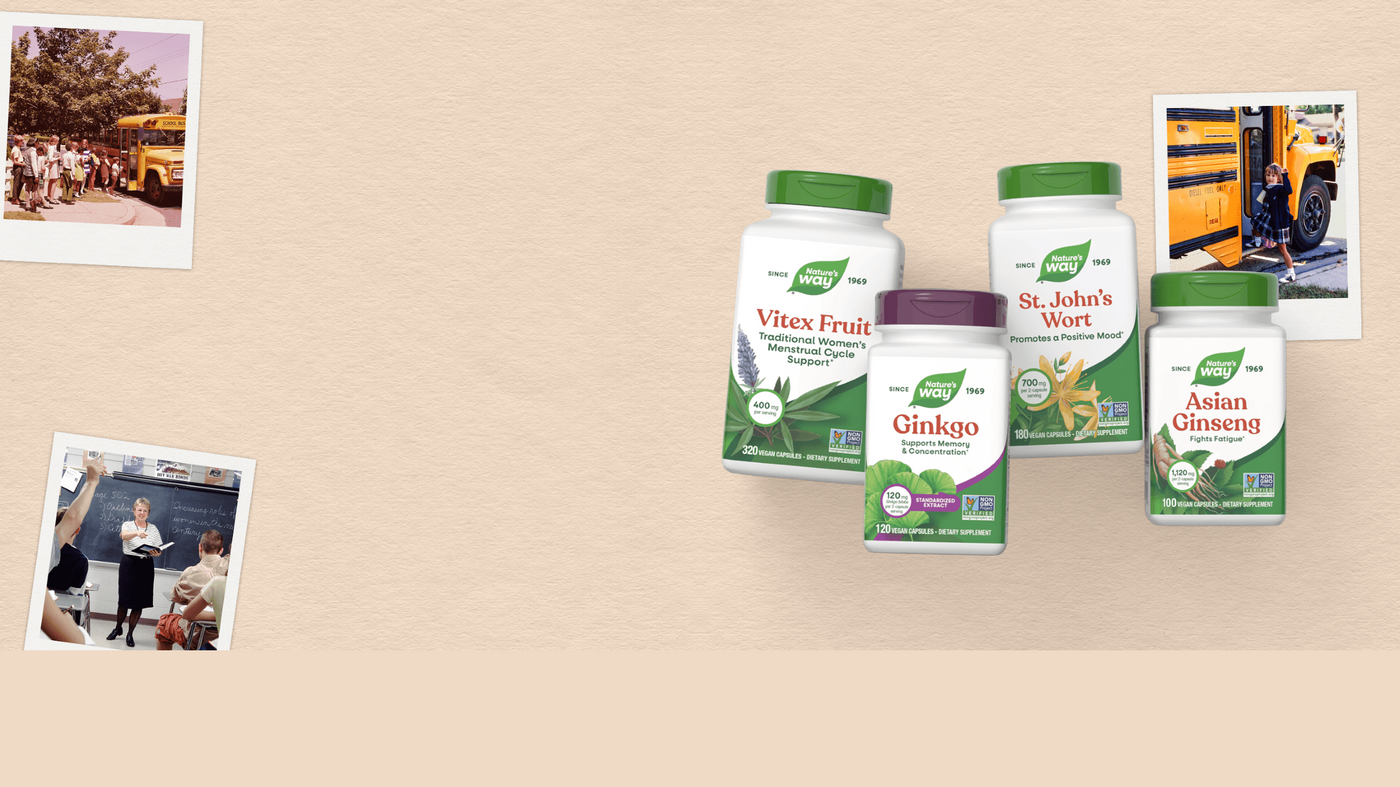 Products: Vitex Fruit, Ginkgo, St. Jon's Wort, Asian Ginseng with school Polaroid pictures