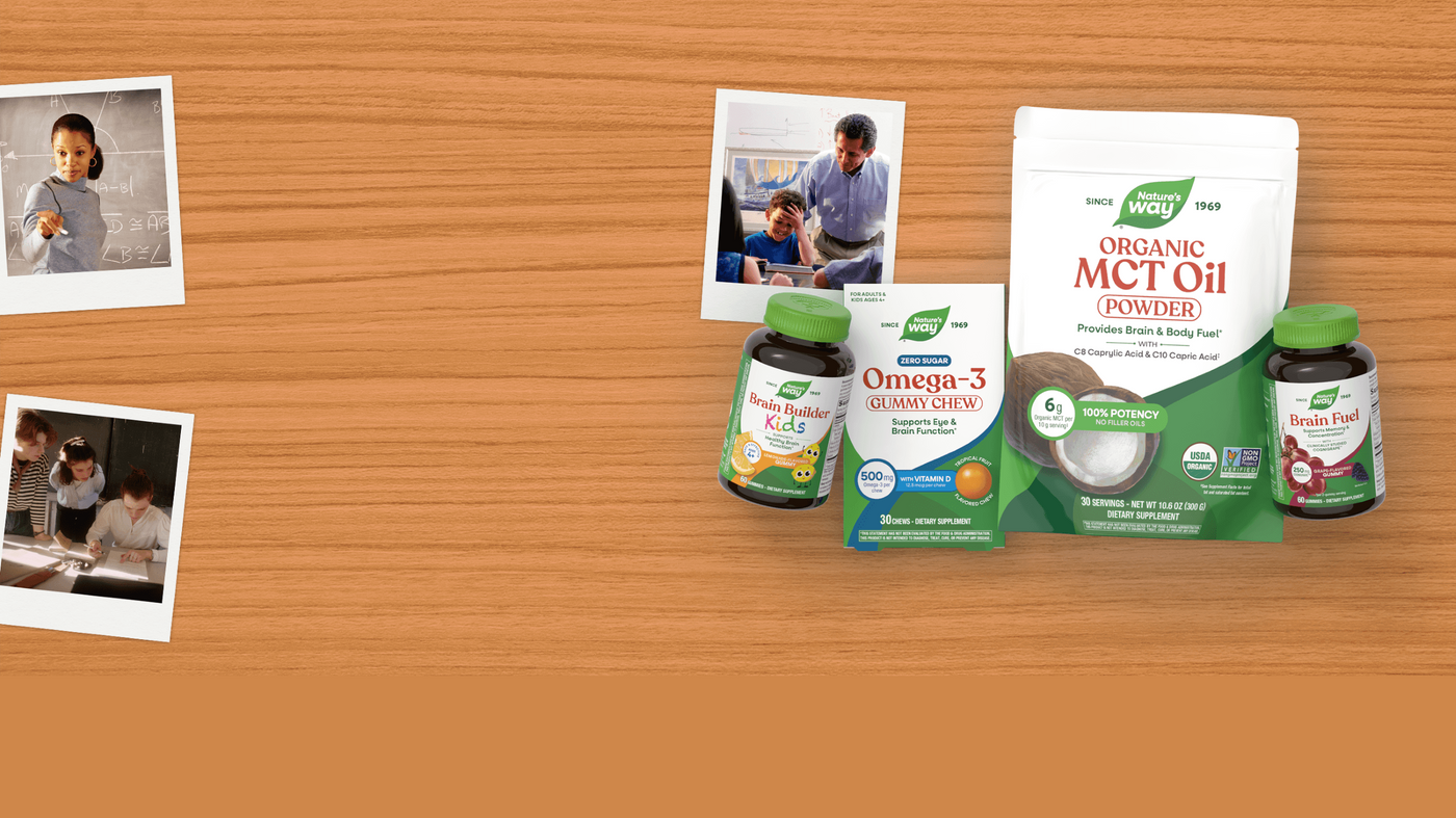 Products on a desk: MCT Oil, Brain builder, Omega-3, Brain Fuel with Polaroid pictures of school settings 