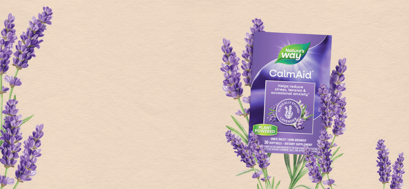 Nature's Way Calm Aid supplement package with lavender flowers on a beige background