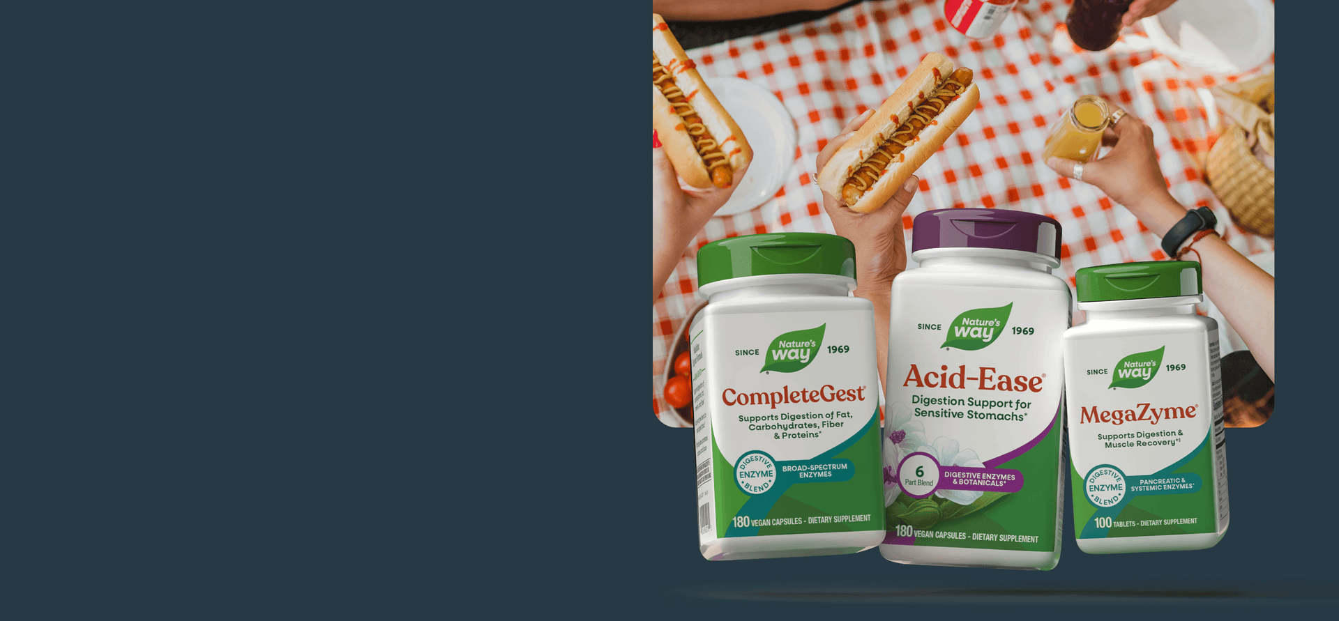 Four Nature's Way supplement bottles displayed with a blurred background of people eating.