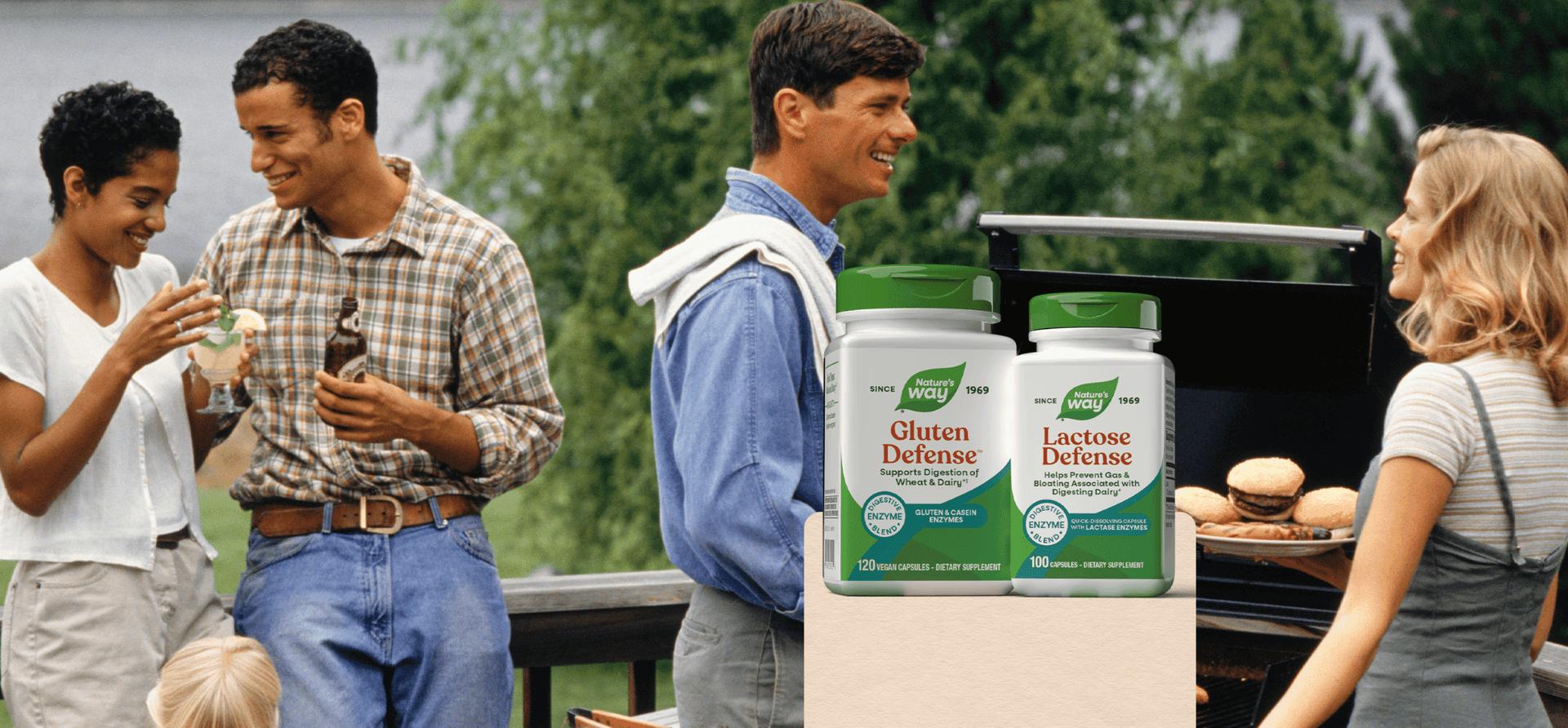 People around a grill with Nature's Path Gluten Defense products displayed.