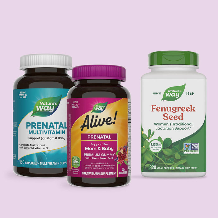 Three Nature's Way prenatal supplement bottles on a light purple background