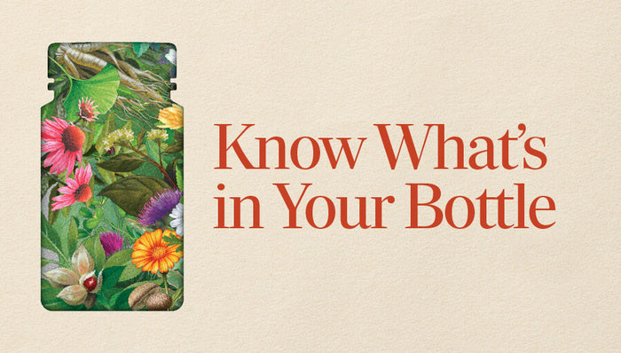 Know What's In Your Bottle. Bottle shaped image filled with herbs.