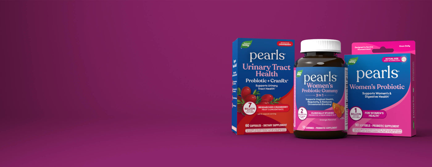 Pearls women's probiotic products on a purple background