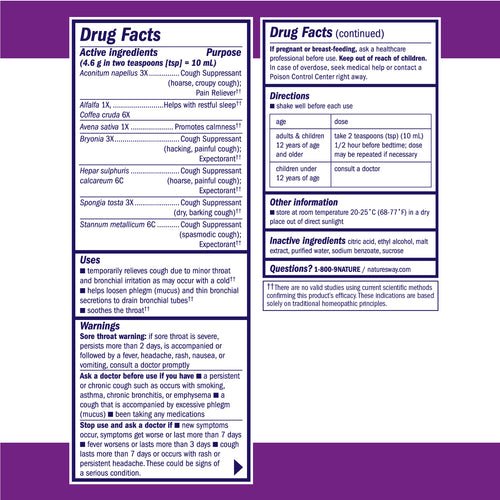 Boericke & Tafel Nighttime Cough & Bronchial Syrup - supplement facts Sku:BUNDLE